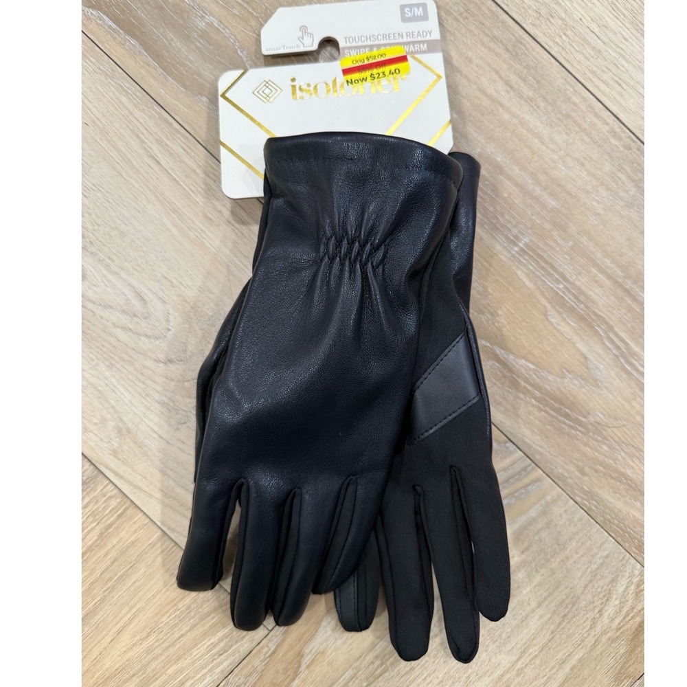 Isotoner Womens Black smartTouch Touchscreen Leather Spandex Gloves SM New - Picture 1 of 5